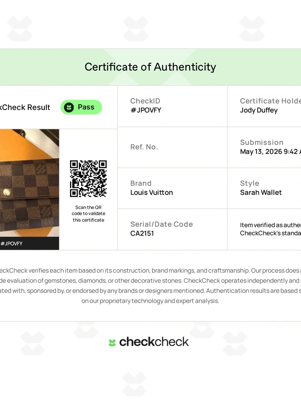 Louis Vuitton Damier Ebene Sarah long wallet AUTHENTICATION done